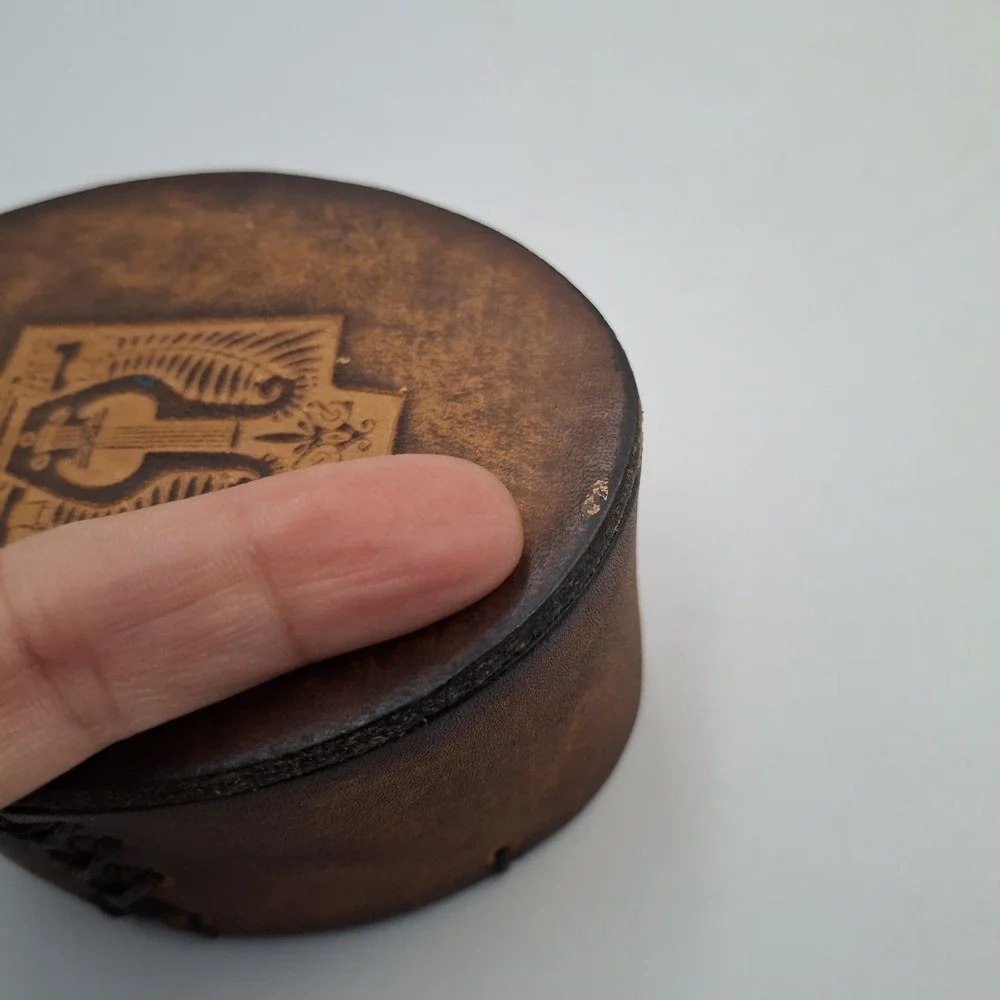 Vintage Leather Trinket Box Embossed Lyre Harp Emblem Red Velvet Lined Biblical